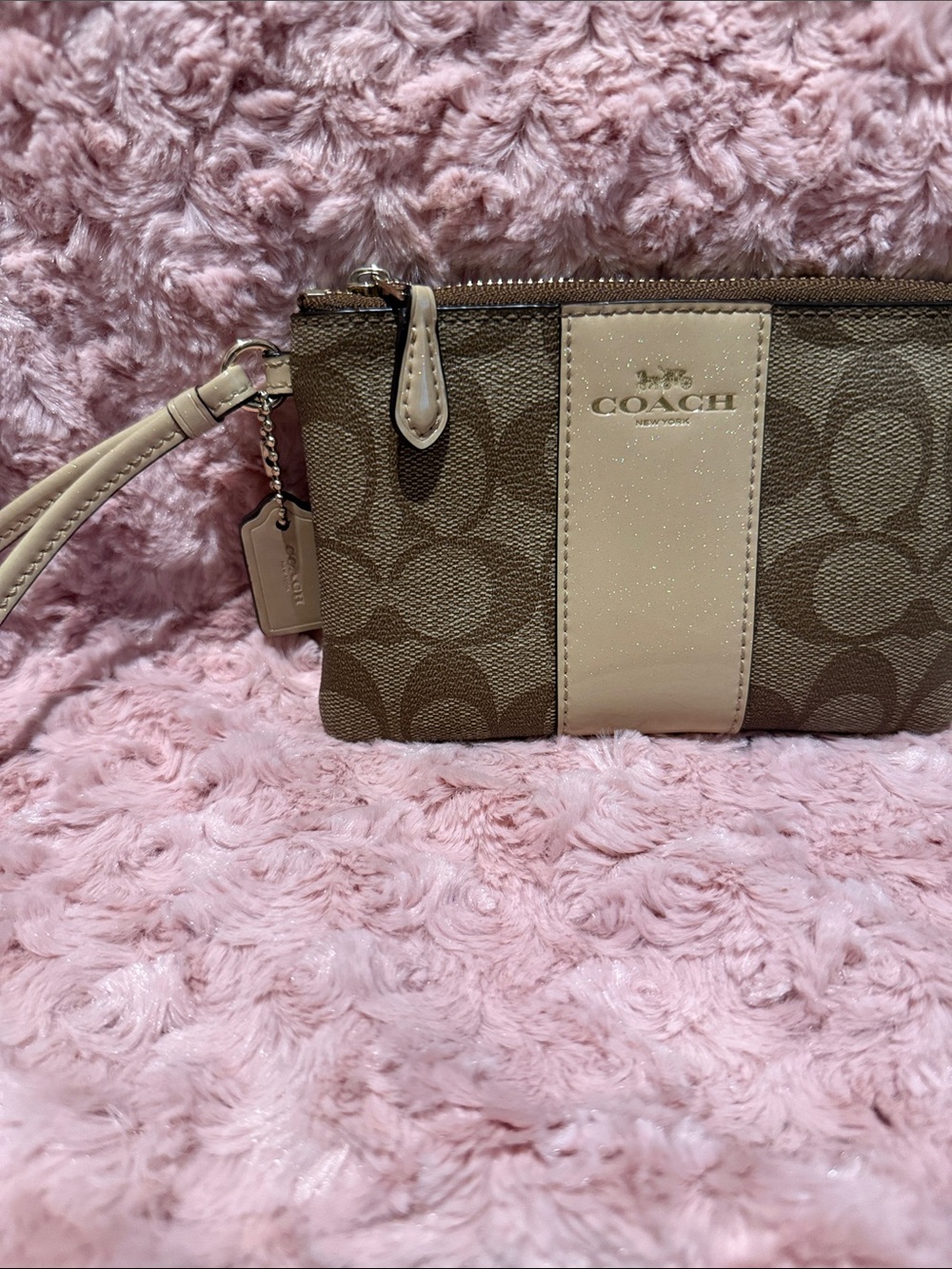 Coach Brown Signature Canvas Wristlet with Patent Tan Accent